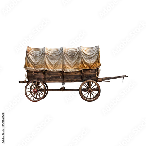 Vintage Covered Wagon: A rustic wooden covered wagon stands ready for adventure, its canvas top billowing in the wind, promising a journey to uncharted territories. photo