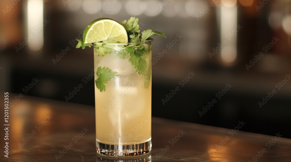 Refreshing cilantro lime cocktail in tall glass with ice on bar. Refreshing cilantro lime cocktail in tall glass with ice on bar.