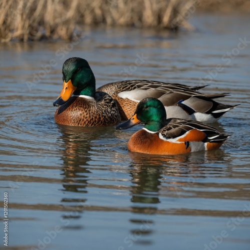A male and female shoveler duck foraging together in shallow water.