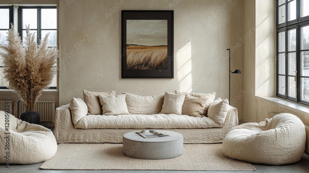 Obraz premium Minimal Scandinavian Living Room with Neutral Tones. Generative AI