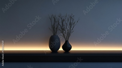 Two vases with dried branches on a shelf with warm ambient lighting.