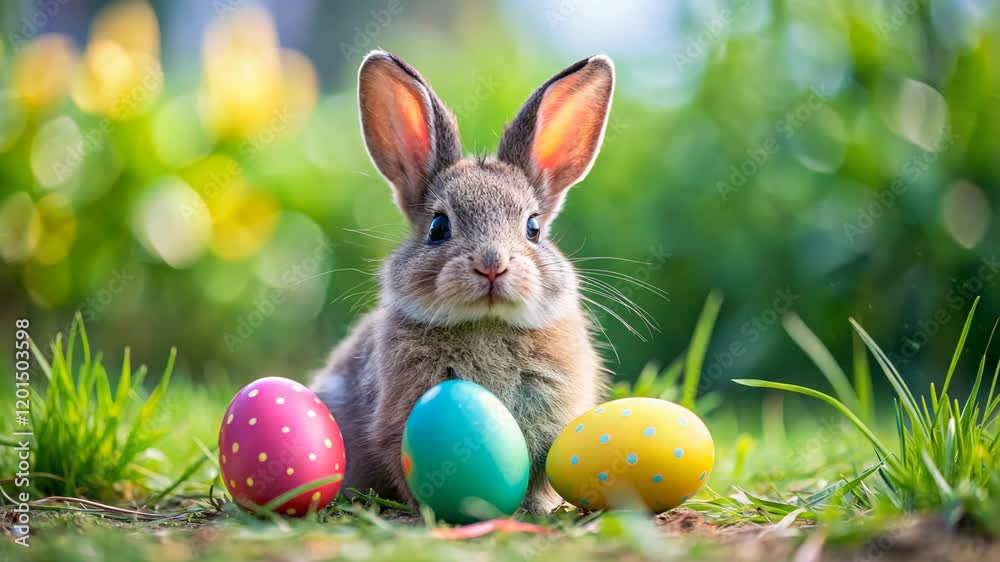 Cute Easter rabbit sitting among colorful eggs, surrounded by vibrant flowers and fresh green grass. The warm sunlight creates a cheerful atmosphere of spring. Happy Easter
