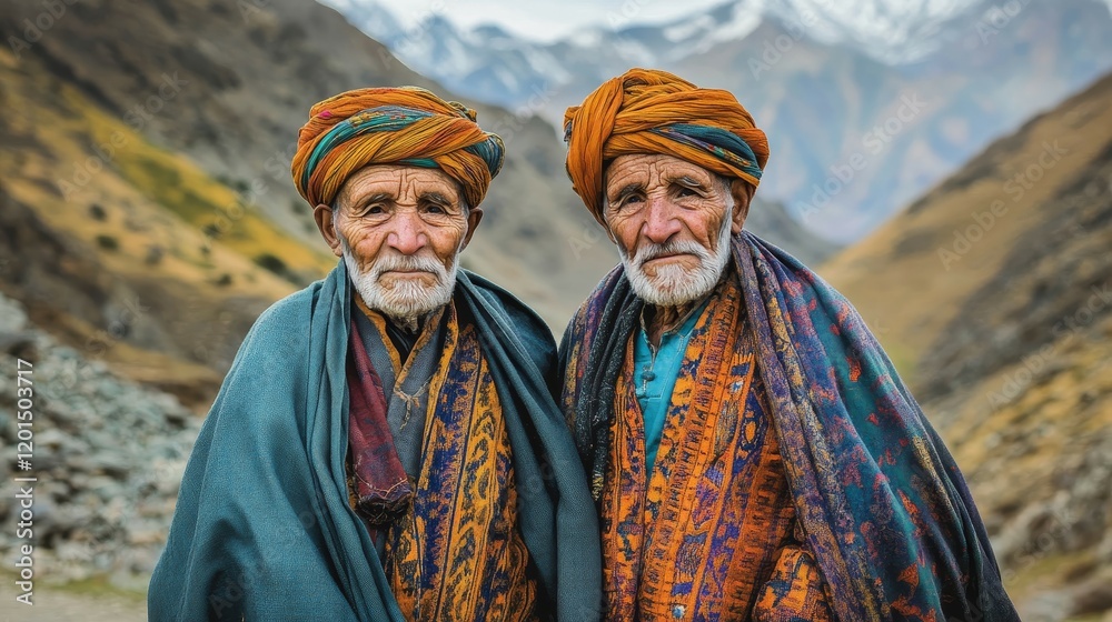 Fototapeta premium Serene Afghan Elderly Twins in Vibrant Perahan Tunban Amid Mountainous Landscape