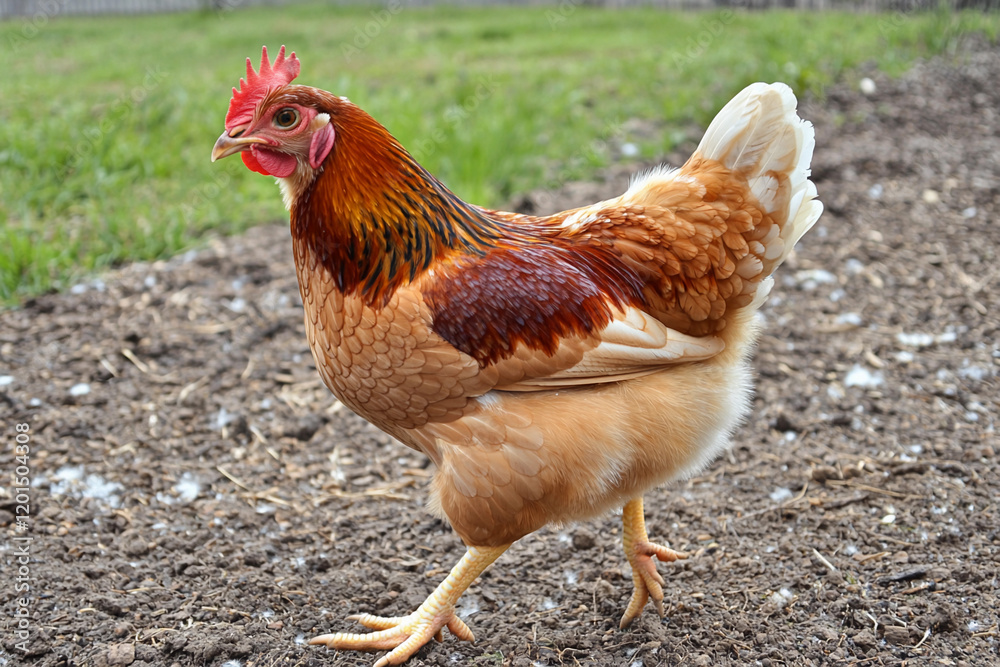 Fototapeta premium Chicken walking in a garden area during daytime