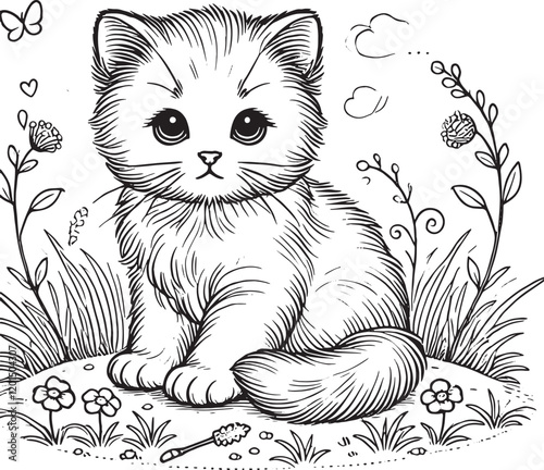 cute coloring book with kawaii kitten outline art