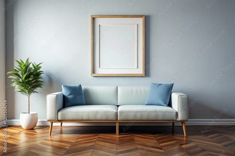 Fototapeta premium Minimalist Empty Frame on White Wall Above Gray Sofa, Dark Parquet Floor, Natural Light