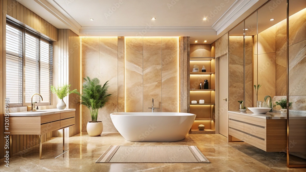 Fototapeta premium Modern Beige Bathroom Interior Design with Freestanding Tub & Ample Space