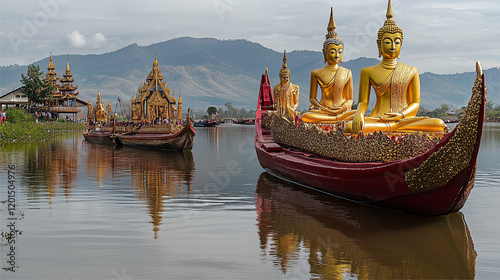 Phaung Daw Oo Pagoda Festival in Inle Lake, Myanmar, large wooden boats decorated with gold, sacred Buddha statues carried on the boats, Ai generated images. photo