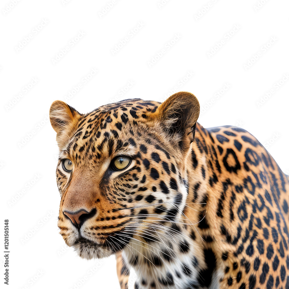 Leopard Portrait: A majestic leopard with piercing amber eyes stares intently into the camera, showcasing its striking spotted coat against a plain background. Leopard Portrait: A majestic leopard with piercing amber eyes stares intently into the camera, showcasing its striking spotted coat against a plain background.