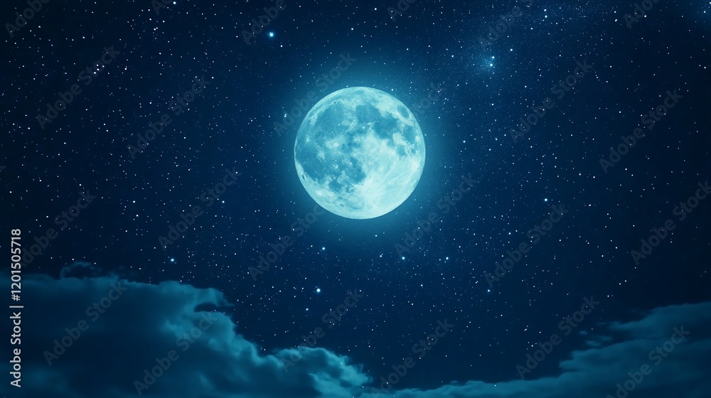 Fototapeta premium Full moon shining brightly in a dark night sky with stars and clouds.