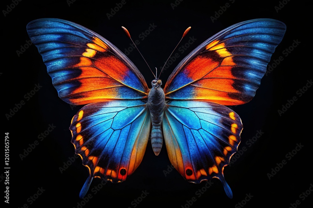 Fototapeta premium Silhouette of Blue and Orange Butterfly on Black Background - Stock Photo