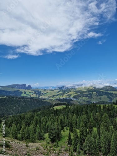 Idyllic mountain valley view, Italian Dolomites, rolling green hills and lush forests under a clear blue sky, mountains in the distant