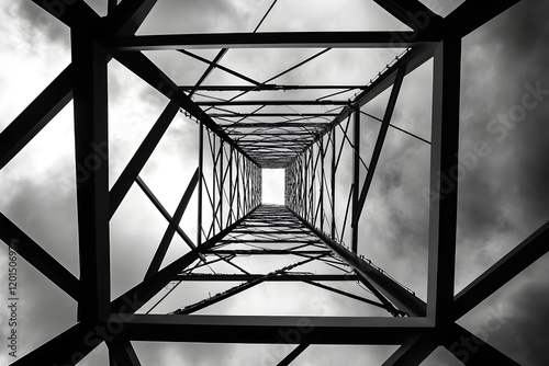 Abstract Black and White Steel Structure Geometric Design Industrial Powerline Tower Upward View Architecture Photography Sky Grid Form Metal Lines Image Space 