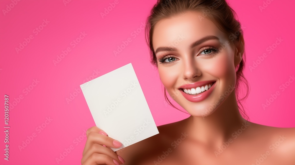 Smiling woman with long brown hair holding a square white sign against a vibrant pink background, expressing positivity and clarity for communication or promotional themes. Smiling woman with long brown hair holding a square white sign against a vibrant pink background, expressing positivity and clarity for communication or promotional themes.