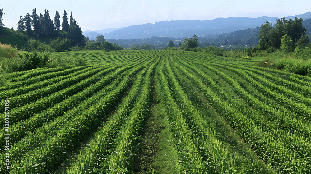 Lush green crop field with rows stretching towards distant mountains Lush green crop field with rows stretching towards distant mountains