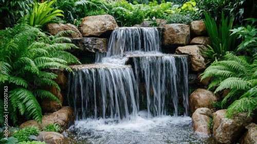 A beautiful waterfall flowing through a lush forest and park with rocks and greenery, creating a scenic natural landscape photo