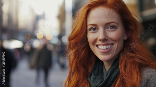 Wallpaper Mural Young woman with red hair and freckles smiling brightly in an urban street with blurred lights in the background. Torontodigital.ca