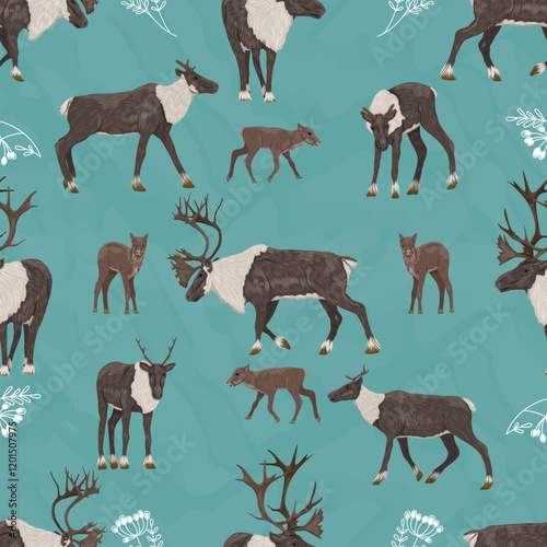 Structured seamless pattern with Reindeer and botanical elements. Wild animals of the tundra and taiga. Realistic vector