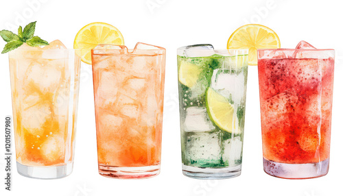 Refreshing Summer Cocktails Iced Tea Orange Mojito and Raspberry Drinks in Glasses