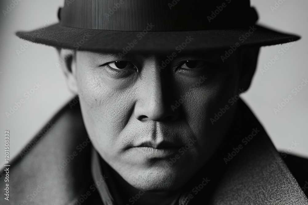 Black-and-white portrait of an Asian detective wearing a hat and coat. Black-and-white portrait of an Asian detective wearing a hat and coat.