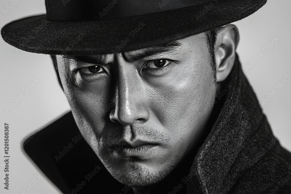 Black-and-white portrait of an Asian detective wearing a hat and coat. Black-and-white portrait of an Asian detective wearing a hat and coat.