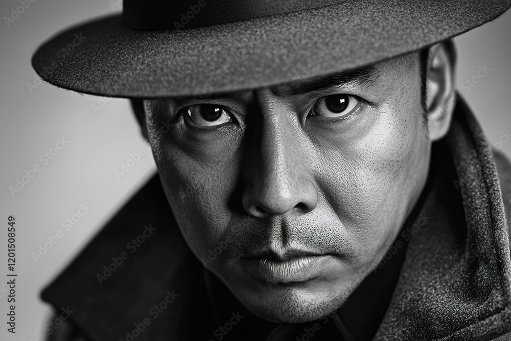 Black-and-white portrait of an Asian detective wearing a hat and coat. Black-and-white portrait of an Asian detective wearing a hat and coat.