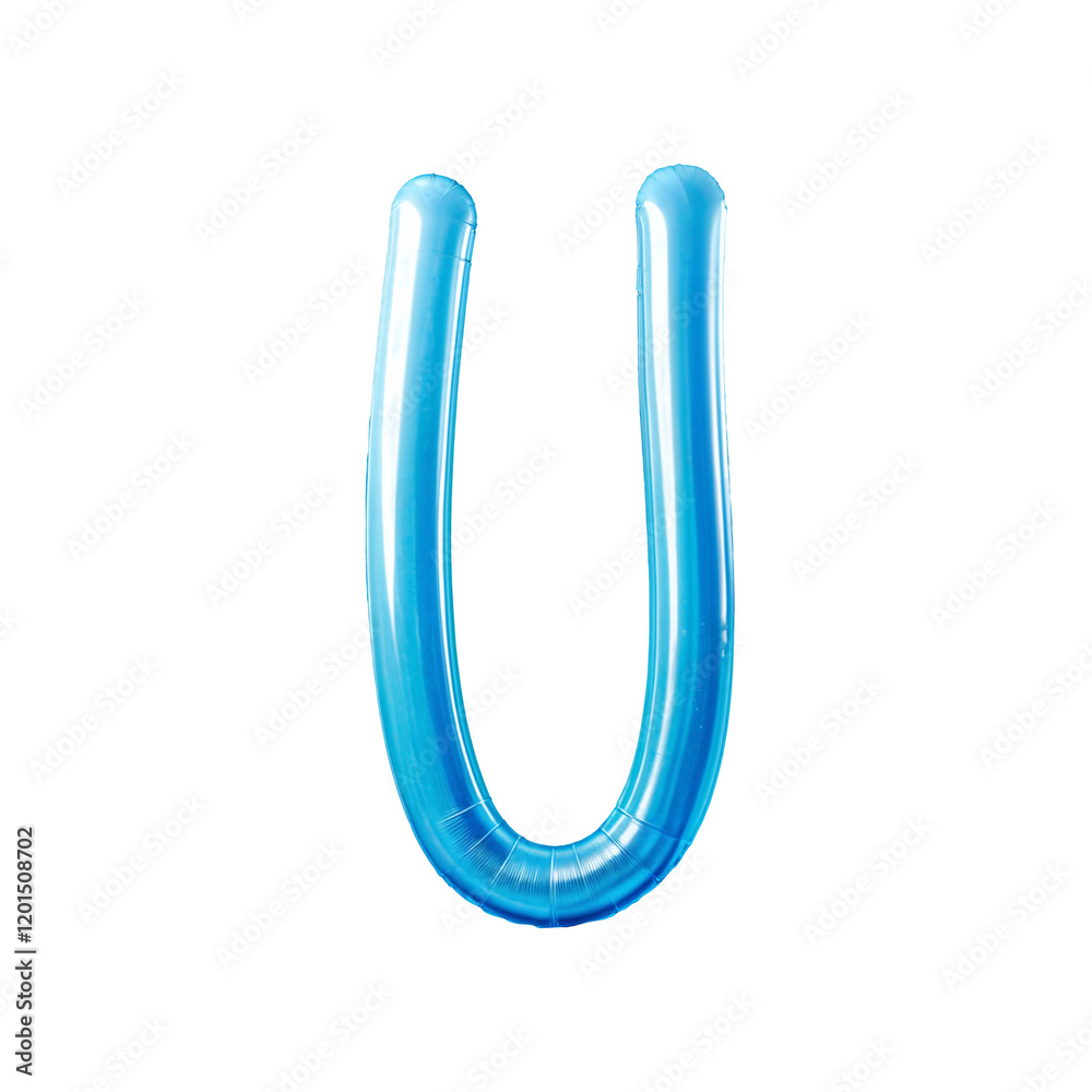 The letter U is shaped from a blue balloon, inflated and twisted with a shiny surface that reflects light. Its clean, festive design is perfect for parties or decorative use The letter U is shaped from a blue balloon, inflated and twisted with a shiny surface that reflects light. Its clean, festive design is perfect for parties or decorative use