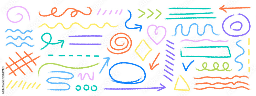 Set of hand drawn elements, shapes, arrows created with a chalk, crayon effect. Collection of different line styles, such as straight lines, wavy lines, dashed patterns vector illustration