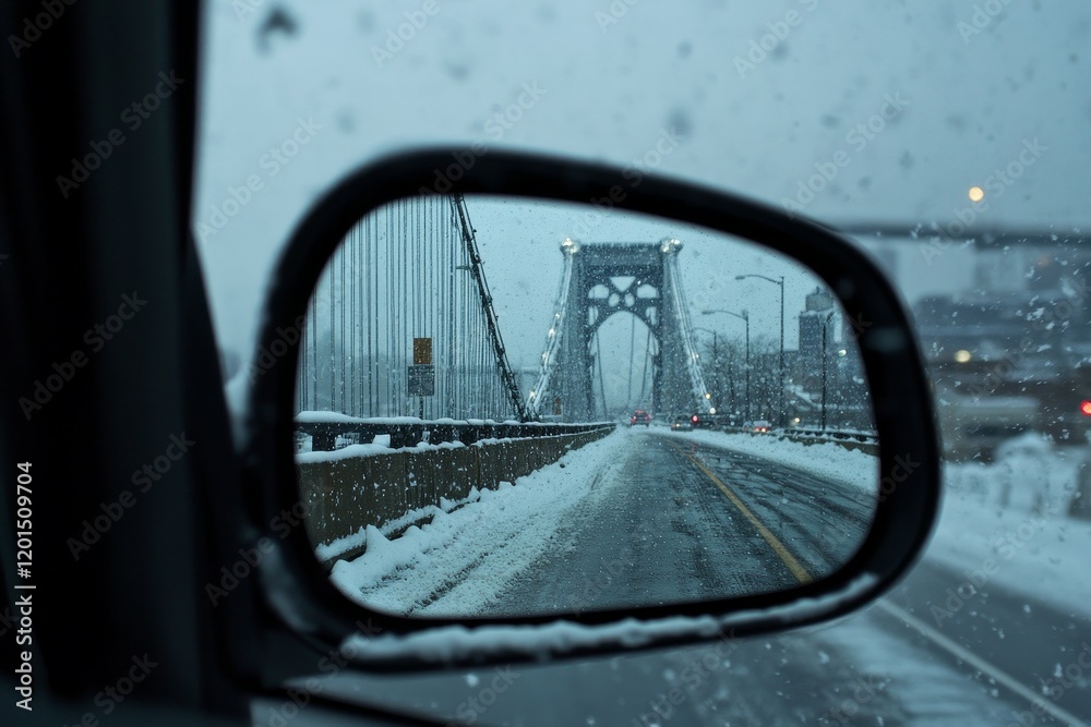 Snowy Bridge View From Car Rearview Mirror Snowy Bridge View From Car Rearview Mirror