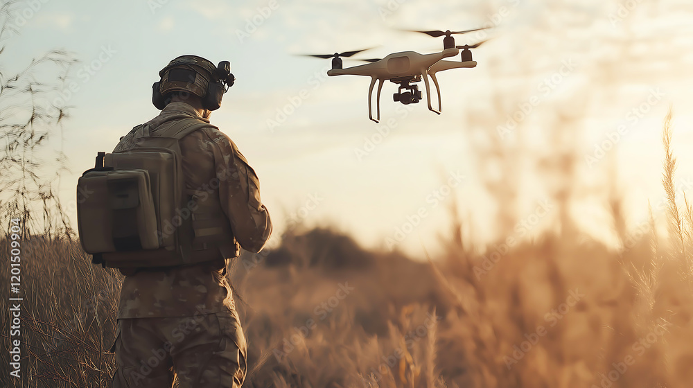 A drone operator soldier on a war or counterterroristic operation, using military robots in modern warfare
A drone operator soldier on a war or counterterroristic operation, using military robots in modern warfare
