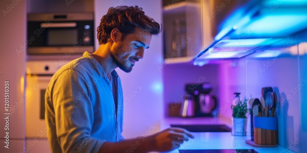 A young man interacts with a tablet in a modern kitchen. The space is illuminated by colorful soft lights. This image captures a blend of technology and lifestyle. Evening ambiance. AI. A young man interacts with a tablet in a modern kitchen. The space is illuminated by colorful soft lights. This image captures a blend of technology and lifestyle. Evening ambiance. AI.