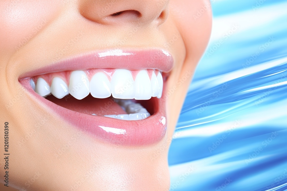 Obraz premium Smiling woman with healthy teeth against blue background dental care advertising concept