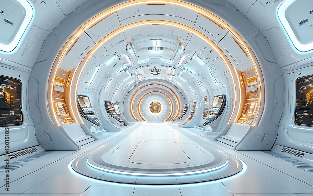 Futuristic spaceship corridor with glowing lights and circular design.