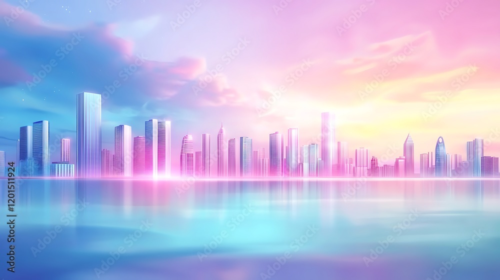 Fototapeta premium A breathtaking futuristic cityscape emerges over tranquil waters at twilight, showcasing glowing skyscrapers and a vibrant skyline, blending technology with serene natural beauty.