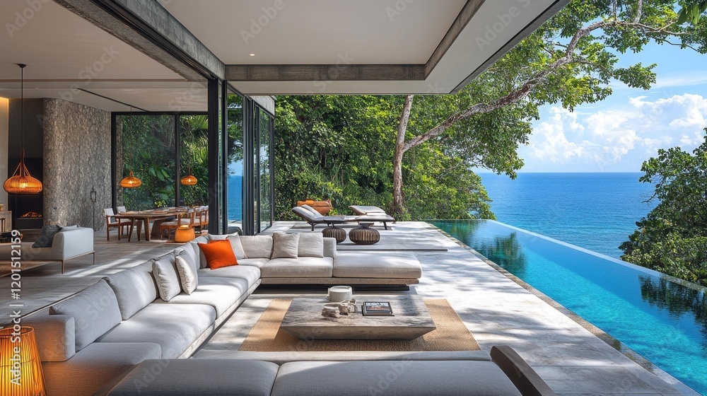 Fototapeta premium Elegant villa with an ocean view and infinity pool in a tropical coastal setting. Generative AI