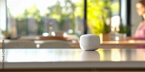 A modern smart speaker sits elegantly on a kitchen counter. The soft design complements a bright and inviting space. Perfect for tech lovers and home decor. AI photo