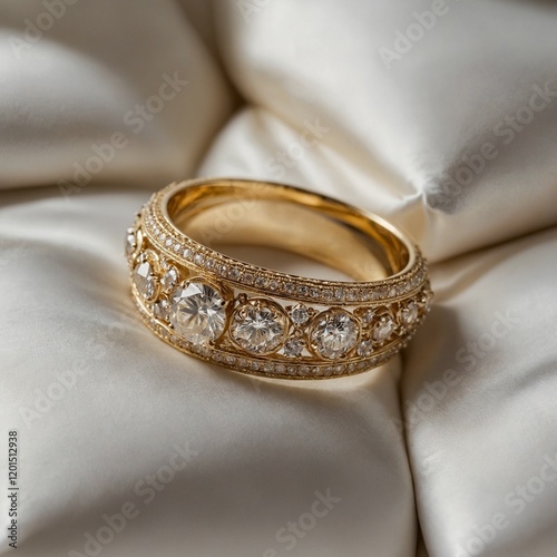 A wide gold band on a white satin pillow.