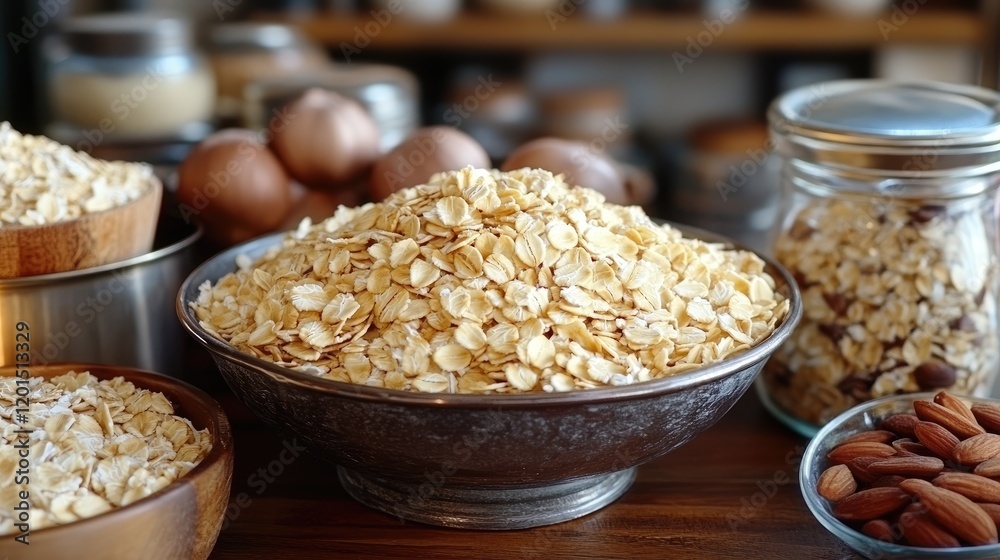 Close-up of various bowls filled with oats and nuts on a wooden table, kitchen setting with shelves Close-up of various bowls filled with oats and nuts on a wooden table, kitchen setting with shelves