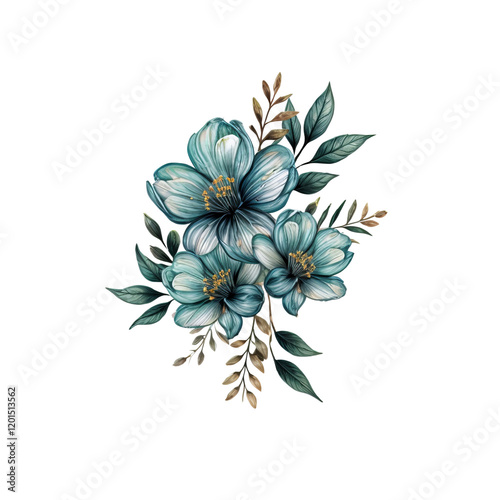 Aqua Bloom Watercolor Bouquet:  An ethereal bouquet of blue and green watercolor flowers with golden accents, a delicate and elegant botanical art illustration.  