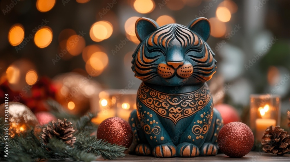 Fototapeta premium Festive carved wooden tiger with glowing holiday lights. Generative AI