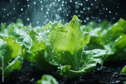 Close up of fresh green lettuce sprinkled with water on rich black soil, capturing nature s beauty photo