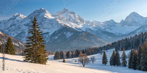 A Beautiful Winter Landscape in the Alps, Showcasing Snow-Capped Mountains and Scenic Views photo
