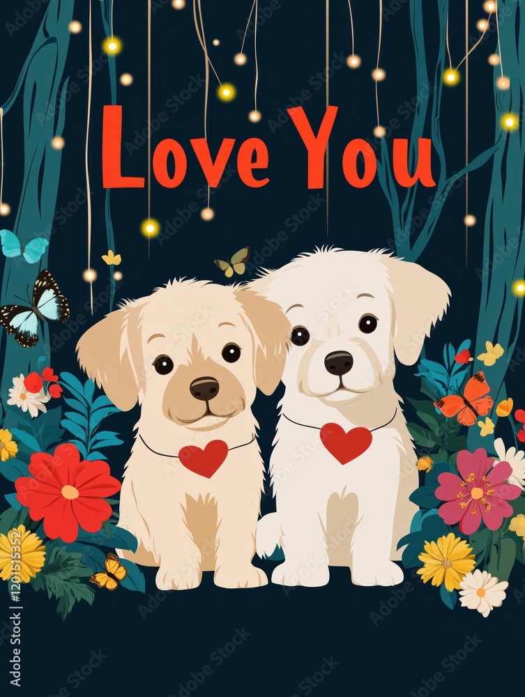 Fototapeta premium Romantic illustration of two golden retriever puppies with heart-shaped collars, surrounded by flowers and hanging lights, with 'Love You' text