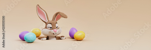 Easter bunny coming out of a hole in the ground on a beige background
