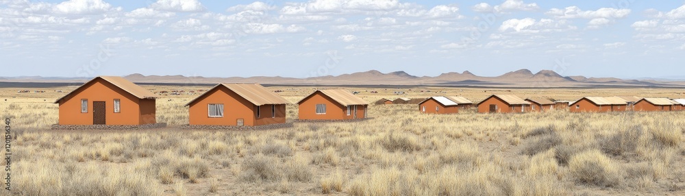 Desert lodge cabins, scenic landscape, African safari Desert lodge cabins, scenic landscape, African safari