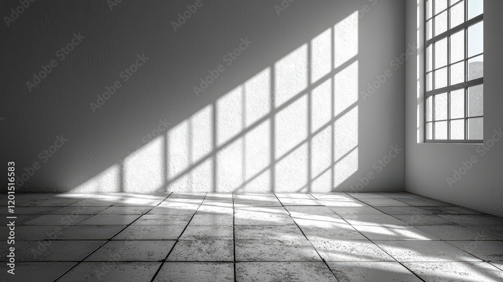 Sunlit minimalist room interior with large window and tiled floor. Sunlit minimalist room interior with large window and tiled floor.