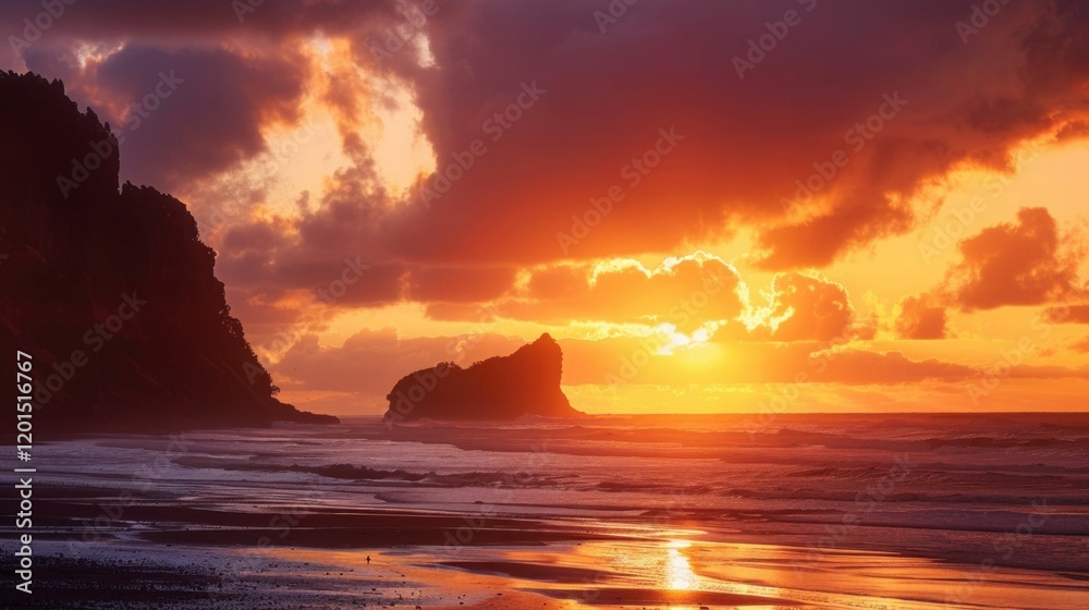 Taitomo Island, Piha There is a sunset showing red.