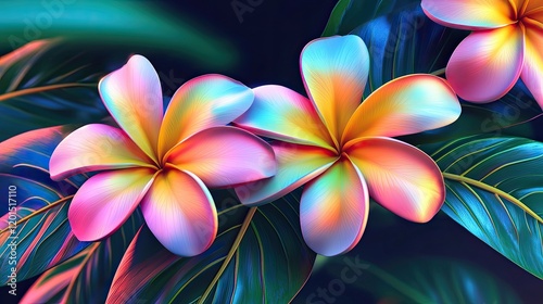 Digital illustration of tropical plumeria flowers with lush green leaves. The composition highlights beauty, exotic nature, and vibrant elegance. Generative AI.
