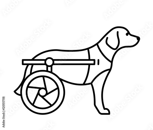 Dog wheelchair icon. Line icon of dog with leg brace and hip support. Pets Cart with wheels. Veterinary linear illustration, pictogram, editable strokes.