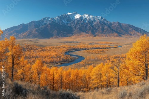 Majestic Mountain Peak with Winding River and Golden Autumn Foliage photo